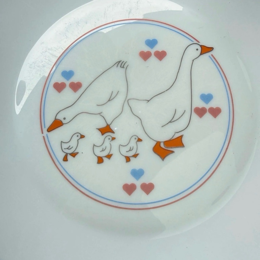 White Ceramic Plate with Goose Family and Hearts